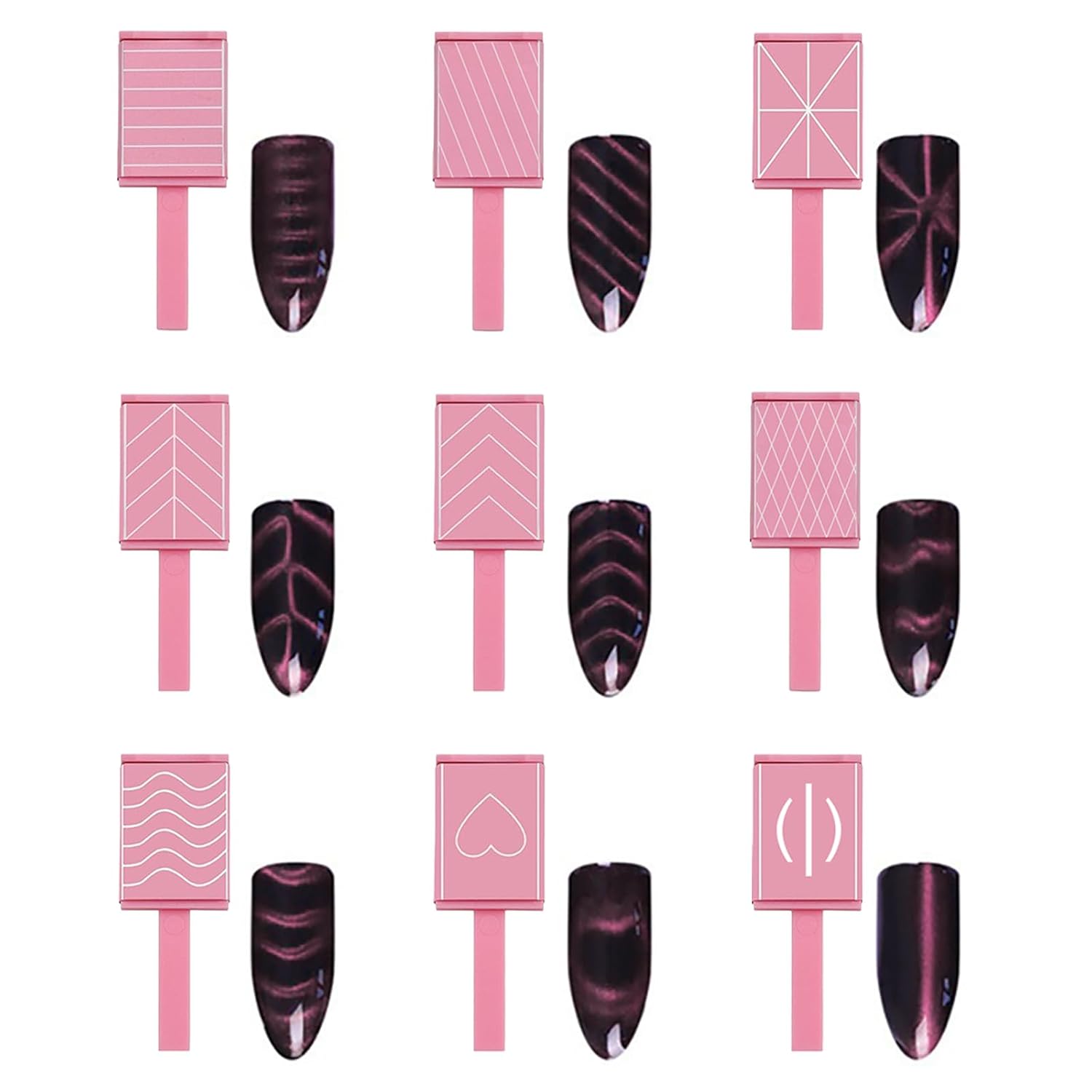 13pcs Pink Cateye Magnet for Nails Double-Ended Hexagon Nail Magnet Stick Flower Cat Eye Magnetic Pen 9 Stripe Nail Magnet Plates for Cat Eye Gel Nail Polish-GlimoraGlow
