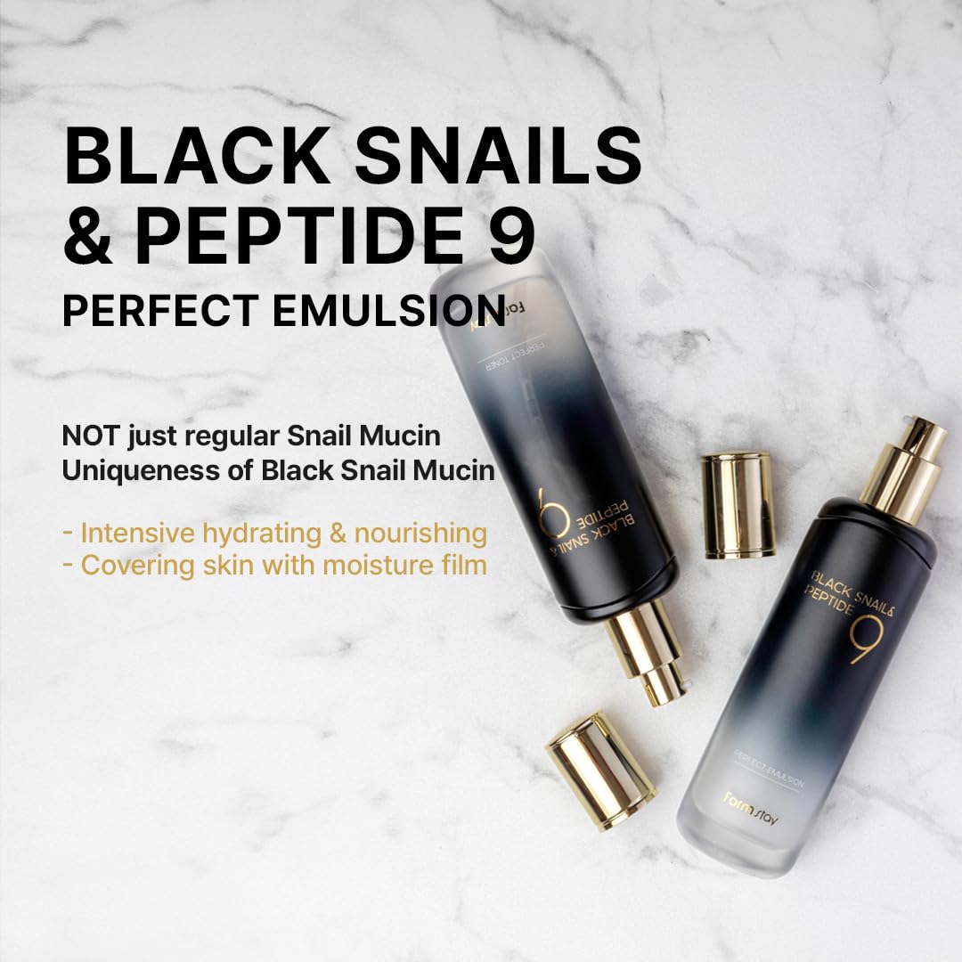 FARMSTAY Black Snail & Peptide 9 Perfect Emulsion, Snail Mucin Moisturizer for Elastic & Glow, Hydrating & Soften, Anti-aging, Barrier Repair, for Women & Men, Korean Skin Care, 4.05 fl.oz-GlimoraGlow