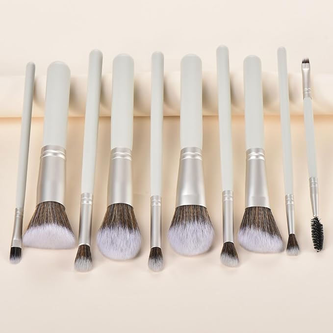 10 Piece Makeup Brushes - Grayish Green Wooden Handle with Soft Synthetic Bristles,for Face & Eye Makeup|Professional Makeup Brushes set for Women & Girls|-GlimoraGlow