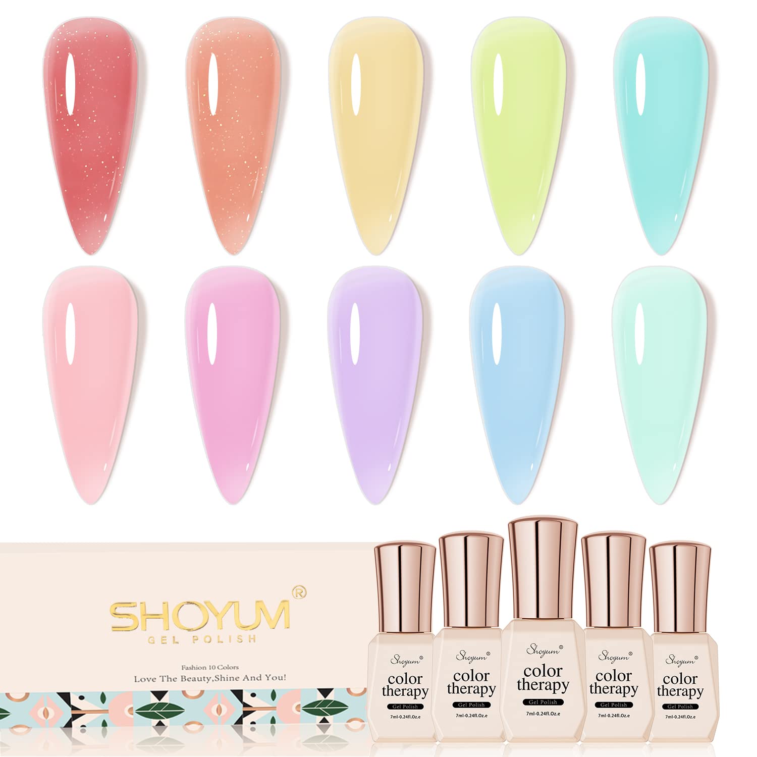 Jelly-Pastel Gel Nail Polish Set - 10 Pcs Pink Nude Gel Polish Set with Summer Yellow Blue Colors - DIY Soak Off Nail Lamp - Easter Decoration Gifts for Women - Manicure Kit-GlimoraGlow