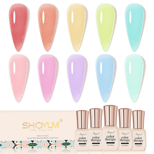 Jelly-Pastel Gel Nail Polish Set - 10 Pcs Pink Nude Gel Polish Set with Summer Yellow Blue Colors - DIY Soak Off Nail Lamp - Easter Decoration Gifts for Women - Manicure Kit-GlimoraGlow