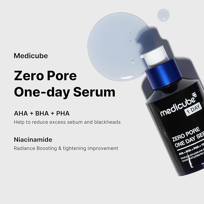 Medicube Zero Pore One-day Serum 1.01 fl.oz - Overnight Resurfacing Serum with Pore Tightening Complex - 15.2% AHA+BHA+PHA & 2% Niacinamide - 10.8% reduction in pore appearance after one day of use-GlimoraGlow
