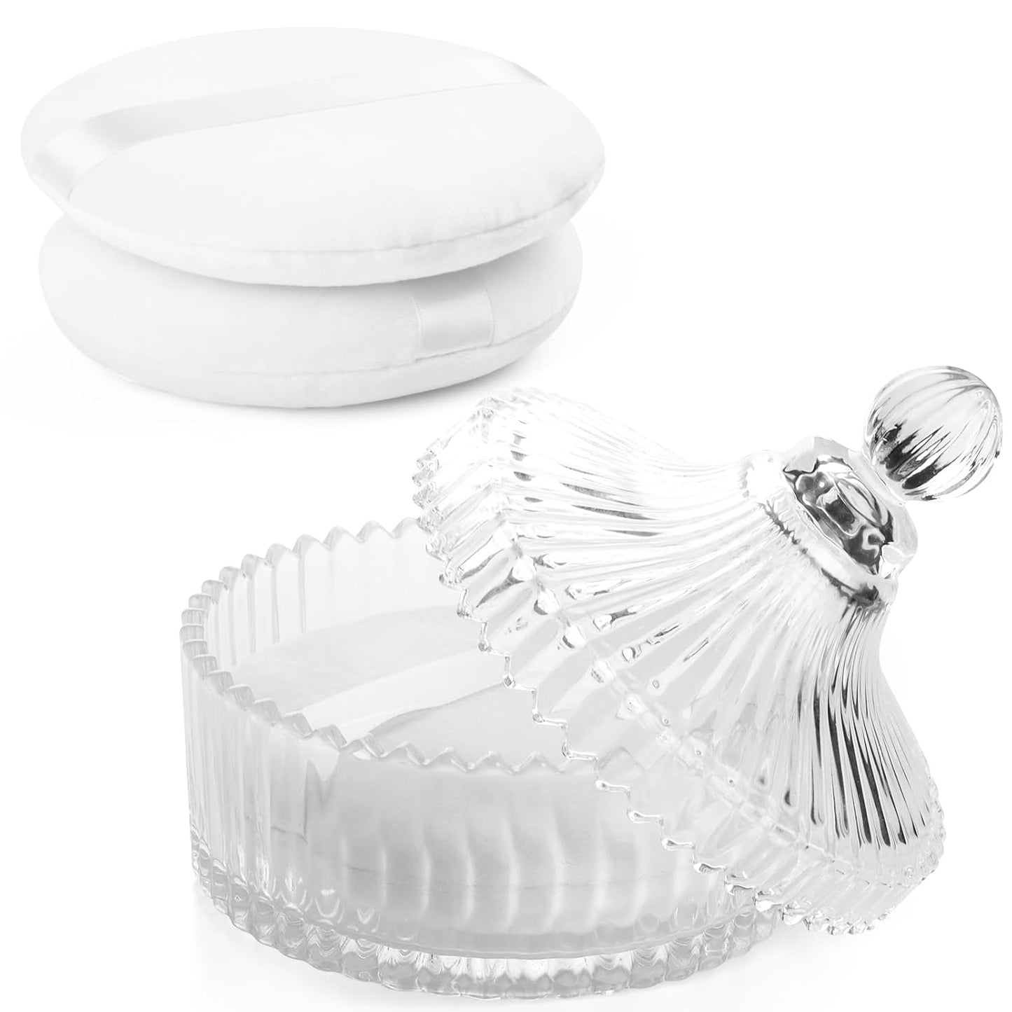 2Pcs Extra Large Body Powder Puff & Luxury 6" Glass Jar Dusting Powder Container with Puff for Women Bath Powder Puffs Perfect for Talcum or Loose Powder (White)-GlimoraGlow