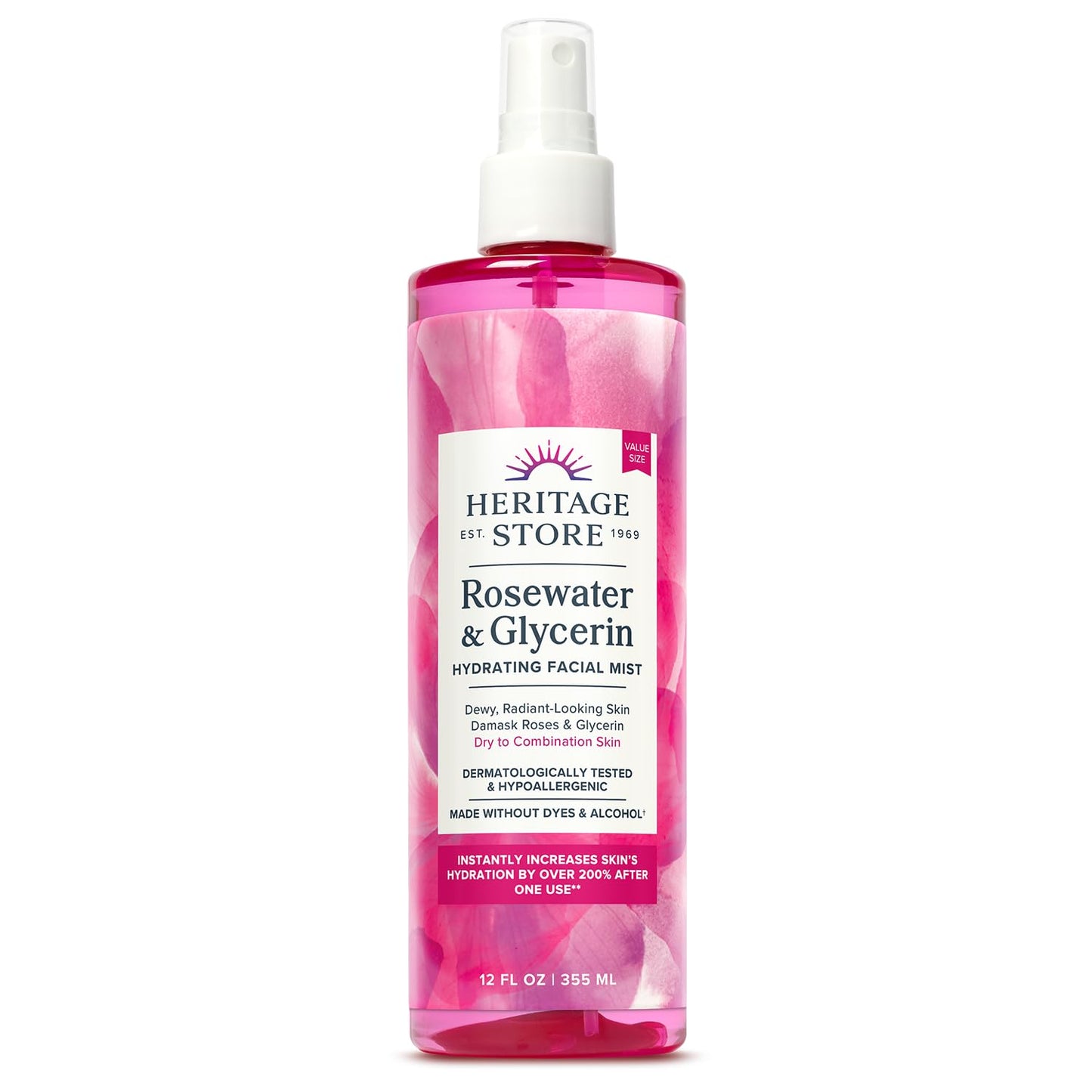 HERITAGE STORE Rosewater & Glycerin Hydrating Facial Mist - Dry Combination Skin Care - Rose Water Spray w/Vegetable Glycerine, Made Without Dyes or Alcohol, Hypoallergenic, Vegan, Cruelty Free, 12oz-GlimoraGlow