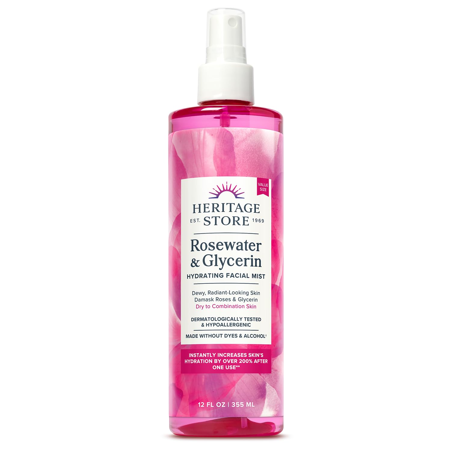 HERITAGE STORE Rosewater & Glycerin Hydrating Facial Mist - Dry Combination Skin Care - Rose Water Spray w/Vegetable Glycerine, Made Without Dyes or Alcohol, Hypoallergenic, Vegan, Cruelty Free, 12oz-GlimoraGlow