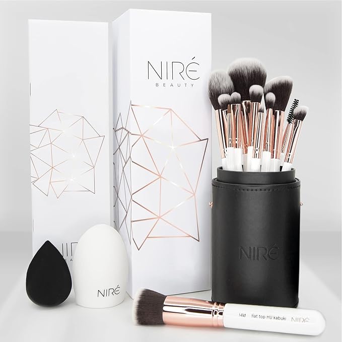 Niré Beauty White 15piece Award Winning Professional Makeup Brush Set: Vegan Makeup Brushes with Case, Makeup Sponge, Cleaner, Guide, Gift Box-GlimoraGlow