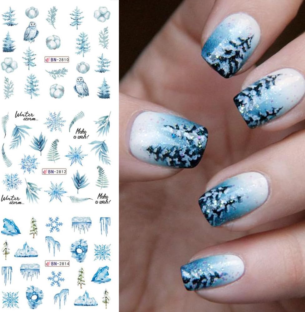 12 Sheets Snowflake Nail Art Stickers Water Transfer Nail Decals Christmas Nail Art Decorations Blue Snowflake Elk Santa Tree Bear Cute Winter Pattern Watermark Nail Stickers for Women DIY Nail Supply-GlimoraGlow