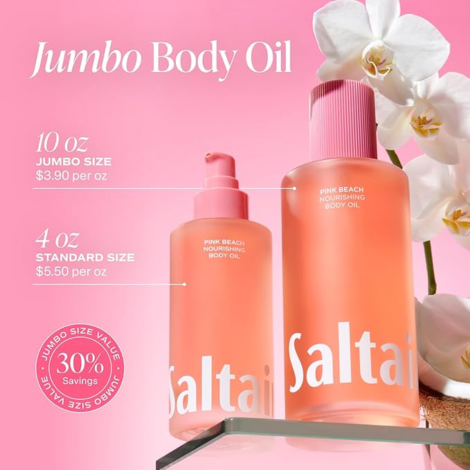 Saltair Body Oil. Jumbo Size Pink Beach After Shower and Bath Oil Moisturizer for Women and Men. Botanical, Non-Greasy, and Well-Absorbing Lotion for Hydrating Dry Skin. 10oz Bottle-GlimoraGlow