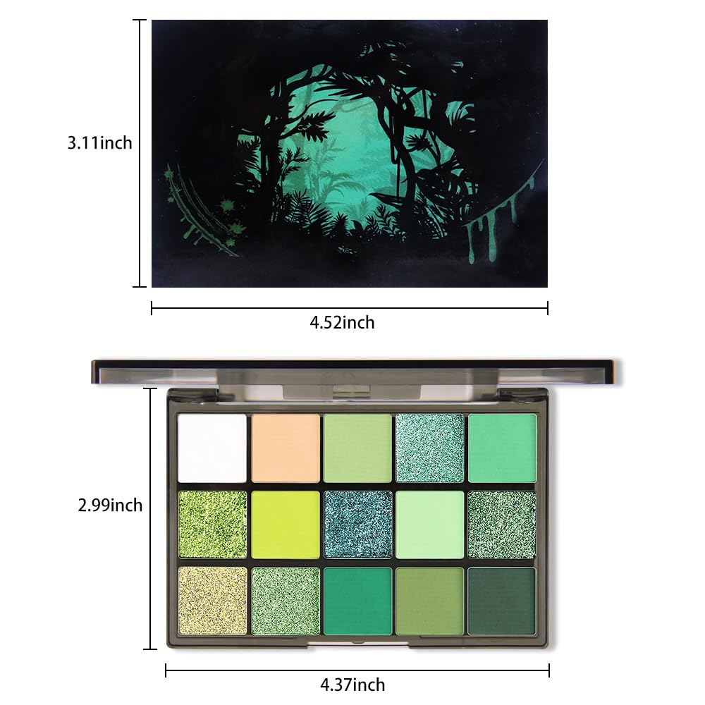15 Colors Green Matte & Shimmer Eyeshadow Palette - Olive Teal GreenYellow DarkSeaGreen LimeGreen Pink White Eye Shadow Primers Powder for Smoky Looks, Makeup Artist Friendly, Vegan & Cruelty-Free-GlimoraGlow