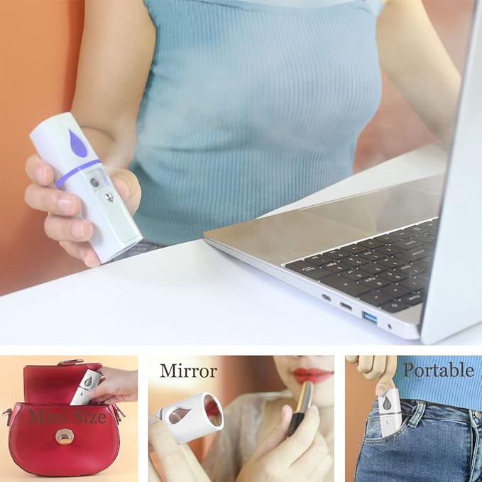 Nano Facial Mister Portable Mist Sprayer with Mirror Mini Cool Mist Spray for Skin Care & Facial Body Moisturized & Eyelash Extensions, USB Rechargeable (White)-GlimoraGlow