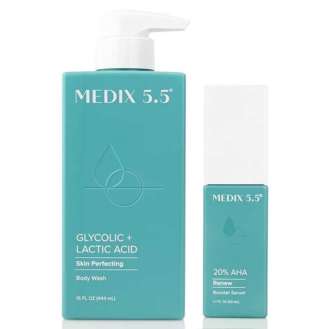 Medix 20% Glycolic Acid Booster + Exfoliating Body Wash Cleanser Skin Care 2PC Set | AHA Exfoliant Body Wash + Body Serum Both Refine + Soften Dead Dry Skin, Bumps, Wrinkles, & Fine Lines, Bundle-GlimoraGlow