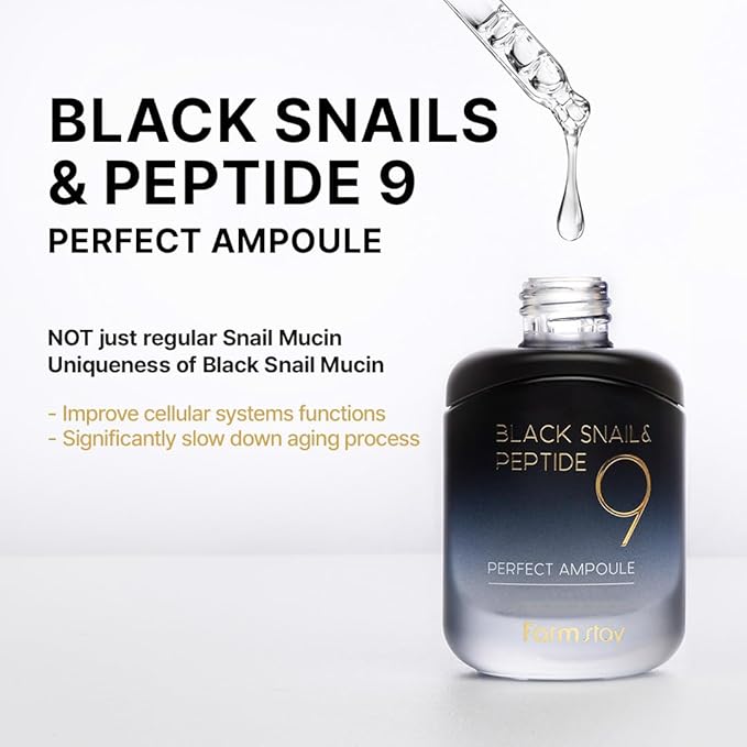 Farmstay Black Snail & Peptide9 Perfect Ampoule, Korean Snail Mucin Serum for Elastic & Glow Skin, Boosting Radiance & Repairing Skin Barrier Serum, for Women & Men, Korean Skin Care, 1.18 Fl. Oz.-GlimoraGlow