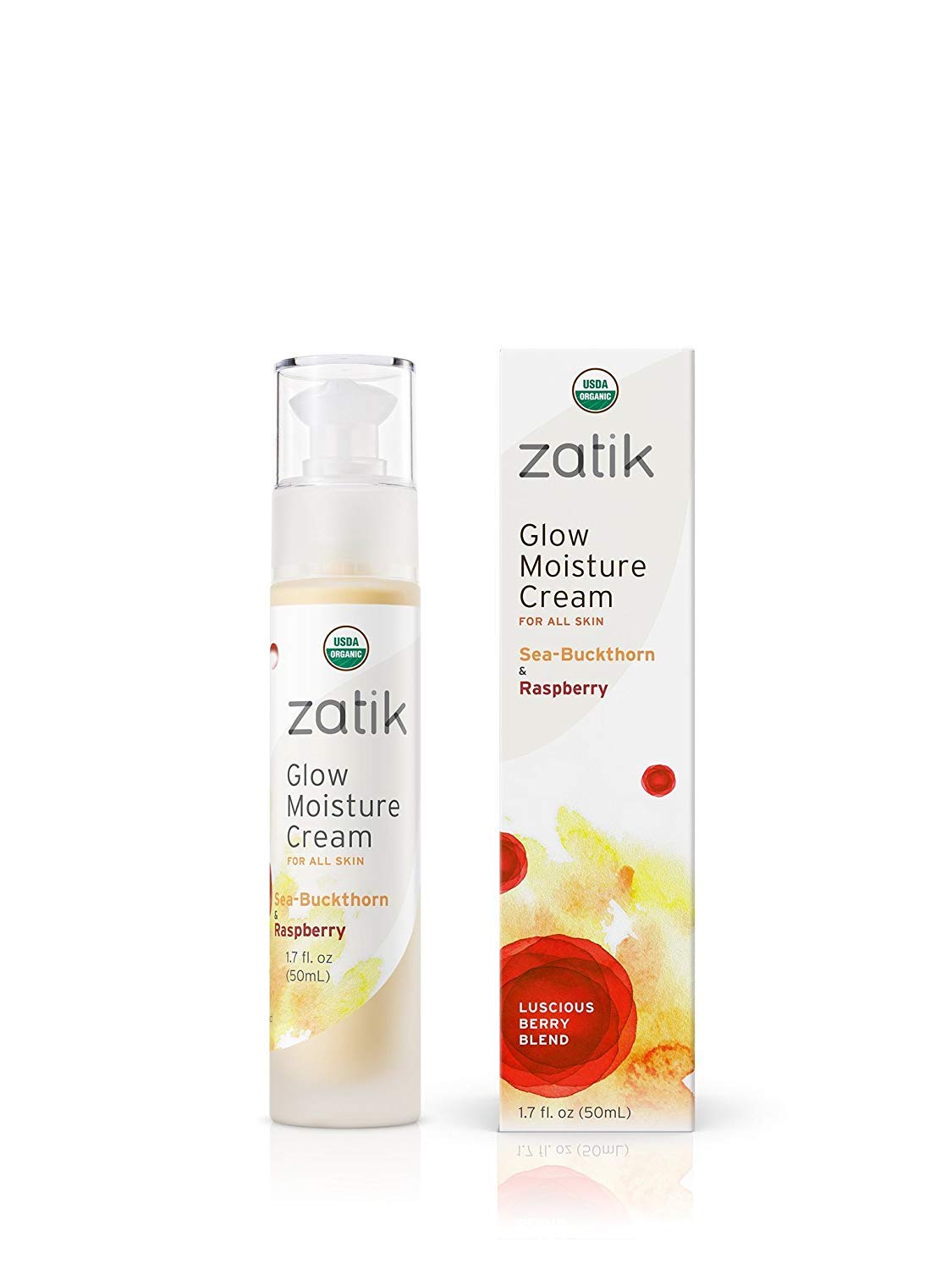 Zatik Naturals - Glow Moisture Cream, Sea-Buckthorn & Raspberry Luscious Berry Blend, USDA Certified Organic, Vegan, Non-GMO, Gluten Free, Alcohol Free, pH Balanced, Biodegradable, 1.7 oz, 50 mL-GlimoraGlow