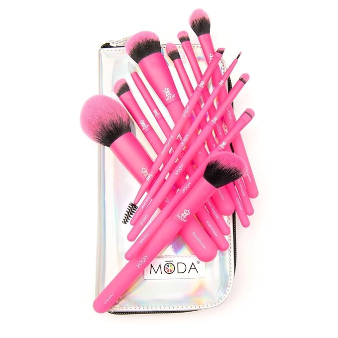 MODA Totally Electric Neon Full Face Makeup Brush Kit – 13pc Vibrant Brush Set for Face & Eyes with Zip Case (Neon Pink)-GlimoraGlow