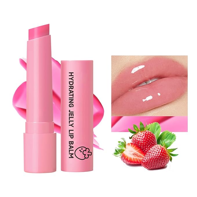Hydrating Jelly Balm,Tinted Moisturizing Lip Balm For Dry Lips,Instantly Hydrate Lips Conditioning & Nourishing Lip Care Lip Moisturizer Fruit Lip Oil Lip Shine Jelly Lipstick(Strawberry)-GlimoraGlow