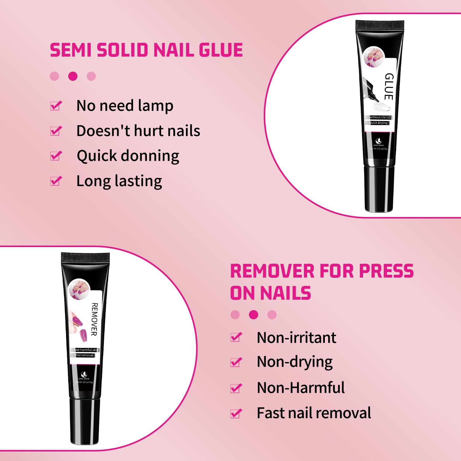 15g Semi Solid Nail Glue with 15g Remover for Press On Nails Tips Gel Nail Glue No Need for UV Lamp Quick Drying a Long Lasting Fake Acrylic Nail-GlimoraGlow