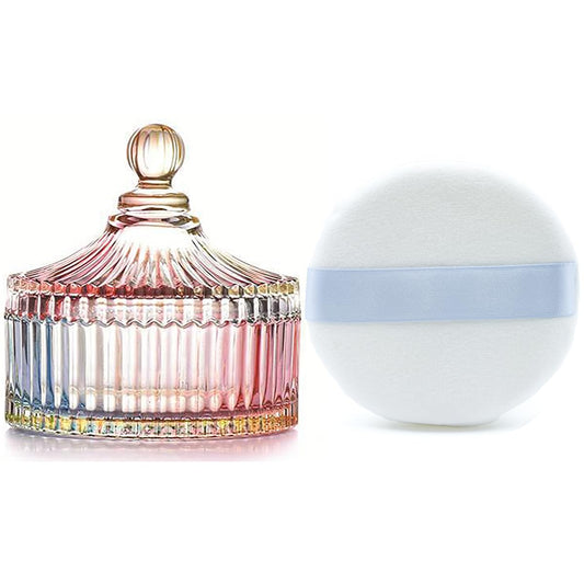 Ultra Soft Powder Puff and Rainbow Container 3.3" High Density Velvet Dusting Washable Reusable Powder Puff,Body Powder Puff and Glass Jar Holder Loose Powder Box with Puff(Multi-Color)-GlimoraGlow