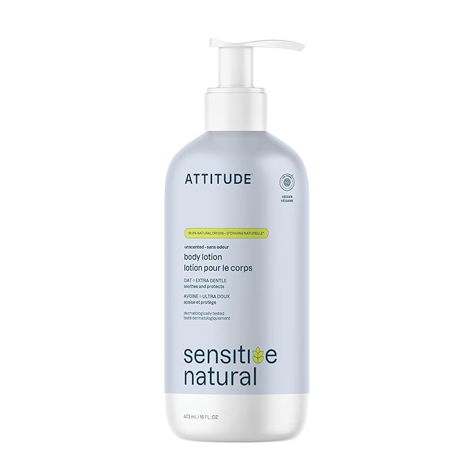 ATTITUDE Body Lotion for Sensitive Skin with Oat, EWG Verified, Dermatologically Tested, Vegan, Extra Gentle, Unscented, 16 Fl Oz-GlimoraGlow