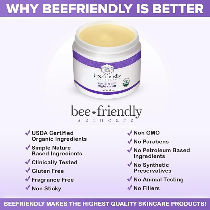 BeeFriendly Organic Night Cream, USDA Certified Organic, Deep Hydrating & Moisturizing Night Time Eye, Face, Neck & Decollete Cream for Women and Men, Anti Aging, Anti Wrinkle 2 oz-GlimoraGlow