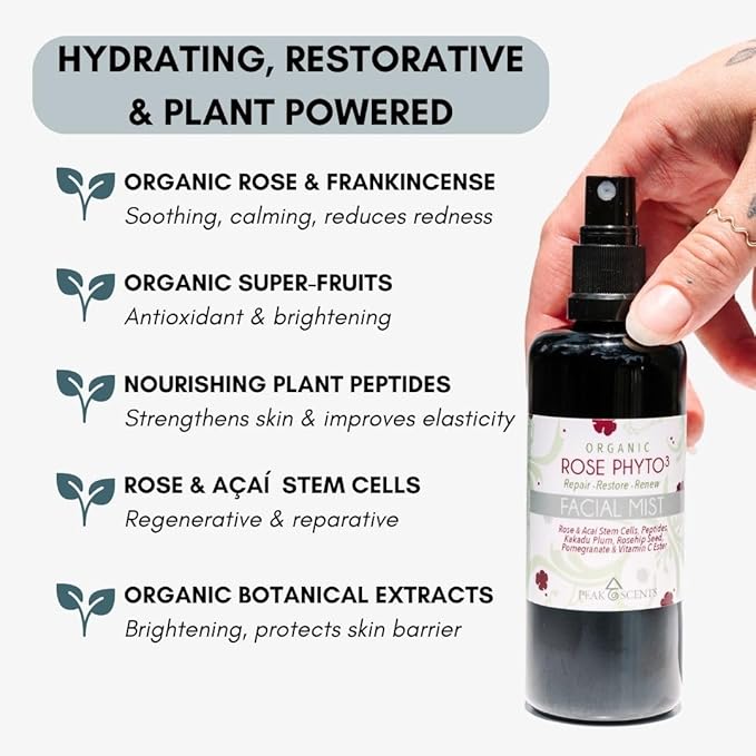 Organic & Vegan Rose Phyto³ Water Facial Spray - Moisturizing Face Mist & Setting Spray, Soothing, Hydrating Mist Rose Water For Face - Great for Facial Massaging (4 oz)-GlimoraGlow