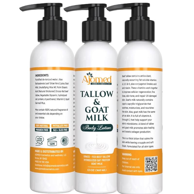Grass Fed Beef Tallow & Goat Milk Body Lotion for Sensitive Skin, Organic Tallow Lotion - Soothes Dry Patches, Goat Milk Moisturizer - Handmade Tallow Body Lotion (Oatmeal & Honey, 8 Oz)-GlimoraGlow