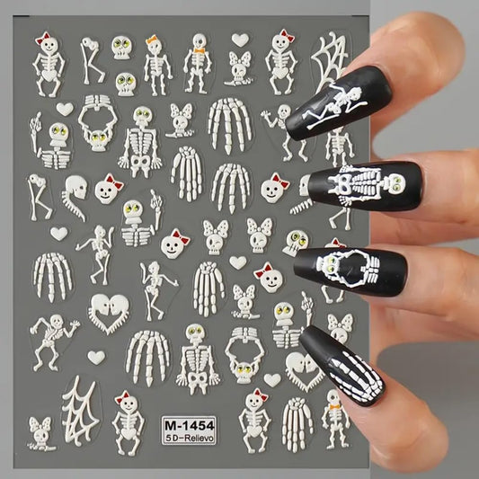 2 Sheets Halloween 5D Embossed Nail Art Stickers - Skeleton, White Skull Nail Stickers with Spider Web Heart Design - Self-Adhesive Horror Decals for Women - Art Supplies and Decorations-GlimoraGlow