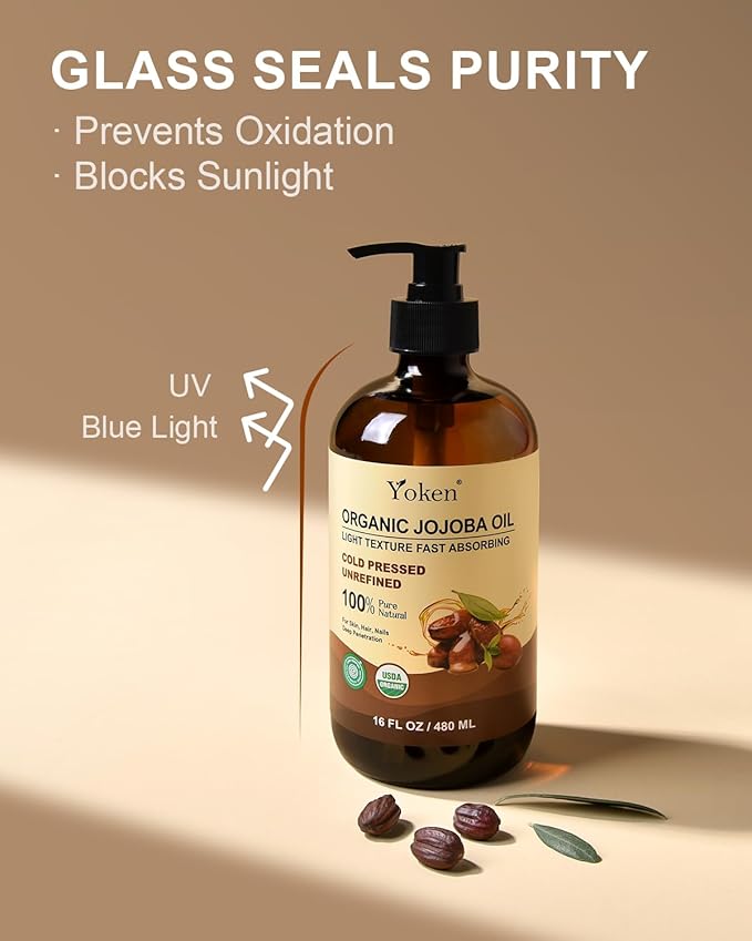 Yoken Organic Jojoba Oil Glass Bottle 16 fl oz, USDA Certified 100% Pure & Natural Jojoba Oil for Hair, Skin & Face, Cold Pressed Unrefined Hexane Free, Deeply Moisturizing Body Serum for Gua Sha-GlimoraGlow