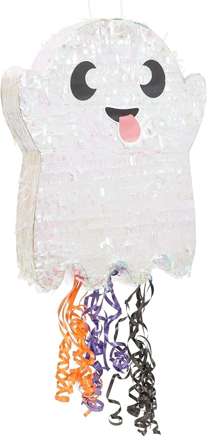 Halloween Mini Pinata Pull String Ghost - 17 x 13 x 3 in, Multicolor Iridescent Paper - Halloween Pinata Party Supplies & Decor for Trick or Treat - Sturdy Paper Design & Easy-Hang