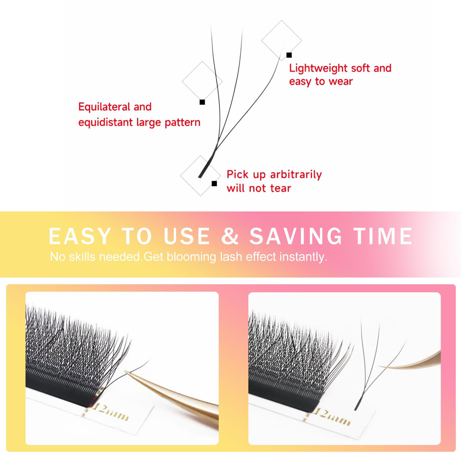 W Lash Extensions Supplies 3D Eyelash Extensions W Shape 0.07mm Thickness C Curl 14mm Premade Fans Easy Fan Lashes Volume Matte Black 12 Rows Crisscross Eye Lashes(W-3D-0.07-C,14mm)-GlimoraGlow