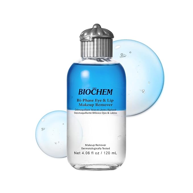 BIOCHEM Bi-Phase Eye & Lip Heavy Makeup Remover, Waterproof Mascara Remover, Gentle Cleanser liquid for Makeup with Natural Ingredients for Sensitive, Normal Skin Types (4.06 fl. oz / 120 ml)-GlimoraGlow
