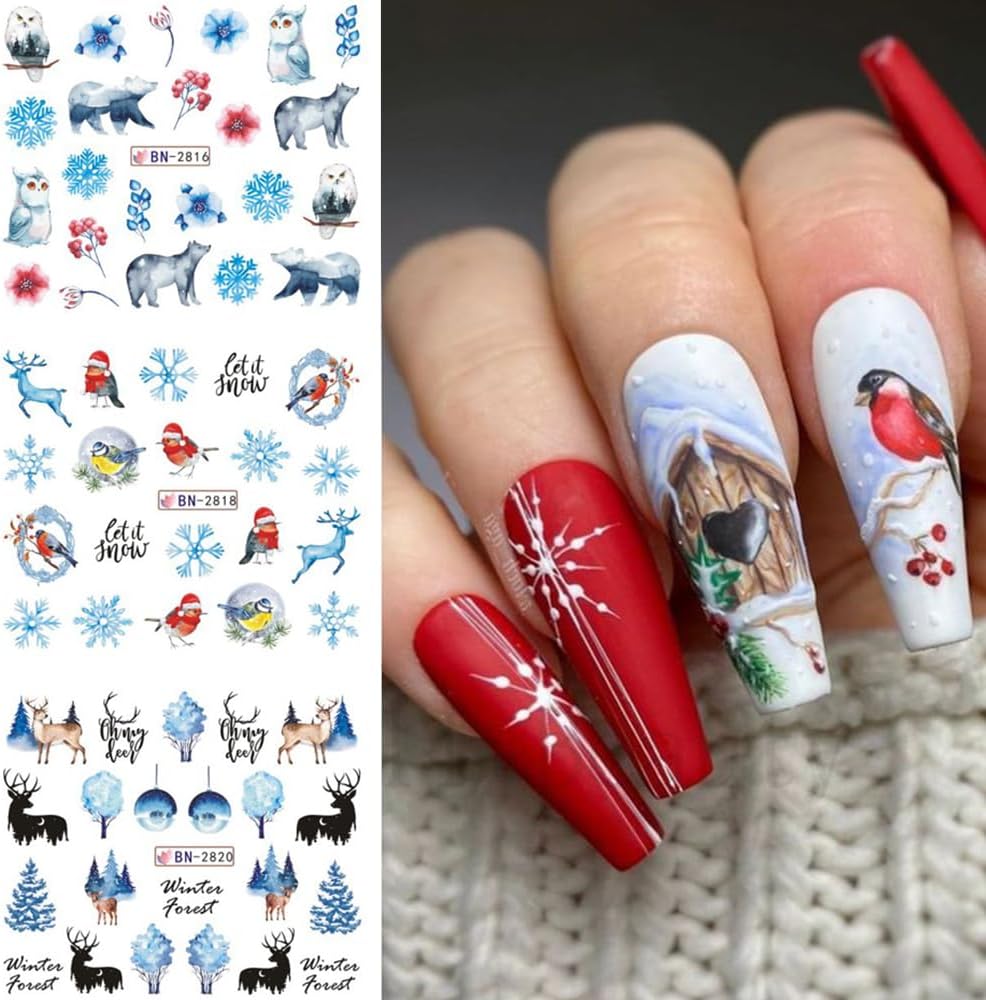 12 Sheets Snowflake Nail Art Stickers Water Transfer Nail Decals Christmas Nail Art Decorations Blue Snowflake Elk Santa Tree Bear Cute Winter Pattern Watermark Nail Stickers for Women DIY Nail Supply-GlimoraGlow