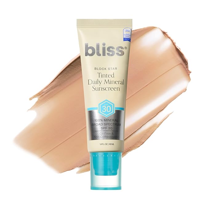 Bliss Block Star SPF 30 Daily Tinted Mineral Sunscreen with Zinc Oxide - All Skin Tones - 100% Mineral Broad Spectrum Sunscreen with Titanium Dioxide & Antioxidant Blend- 1.4 fl oz.-GlimoraGlow