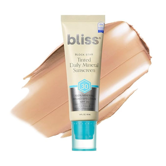 Bliss Block Star SPF 30 Daily Tinted Mineral Sunscreen with Zinc Oxide - All Skin Tones - 100% Mineral Broad Spectrum Sunscreen with Titanium Dioxide & Antioxidant Blend- 1.4 fl oz.-GlimoraGlow