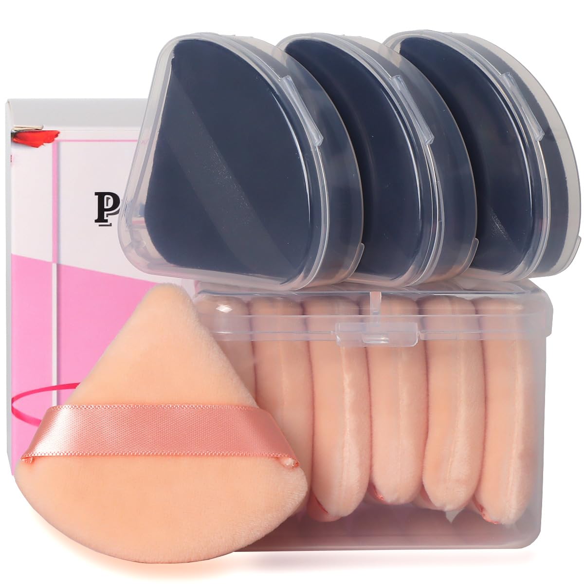 Ocim 10Pcs Triangle Powder Puffs for Face Powder,Soft Velour Triangular Beauty Puff,Makeup Pressed,Baking & Setting Powder Sponge Applicator Pads with Case,Black&Nude-GlimoraGlow