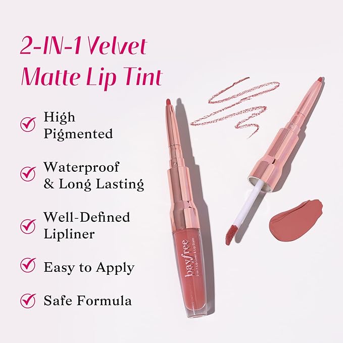 2-IN-1 Lip Liner and Lip Stain, High Pigmented Long Lasting Velvet Lip Tint, Well-Defined Lipliner, Weightless Waterproof Not Animal Tested, Matte Finish Makeup-GlimoraGlow