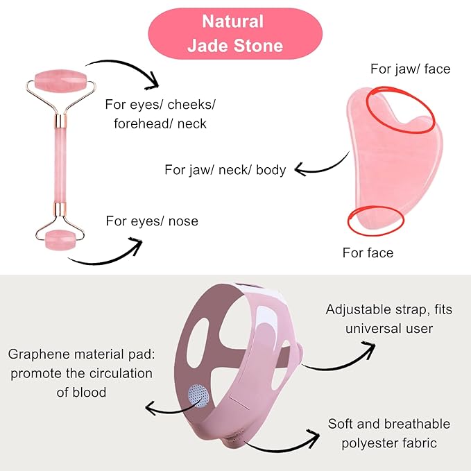 Gua Sha Facial Tools - Jade Roller for Face Beauty Gift Sets Reduces Puffiness, Sleep Mask, Face Lifting Double Chin Strap, Skin Care Massage Self Care Gift for Women-GlimoraGlow