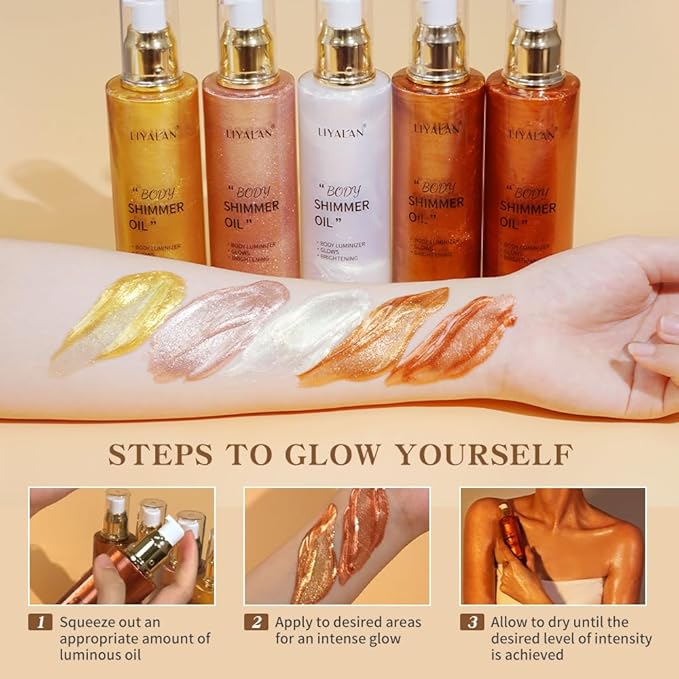 Liyalan Shimmer Body Oil Rose Gold 5 Color Bronze Face Glow Pearl Highlighter Illuminator body Makeup Shine Glitter Gold Liquid Taning 3.38 Fl Oz-GlimoraGlow