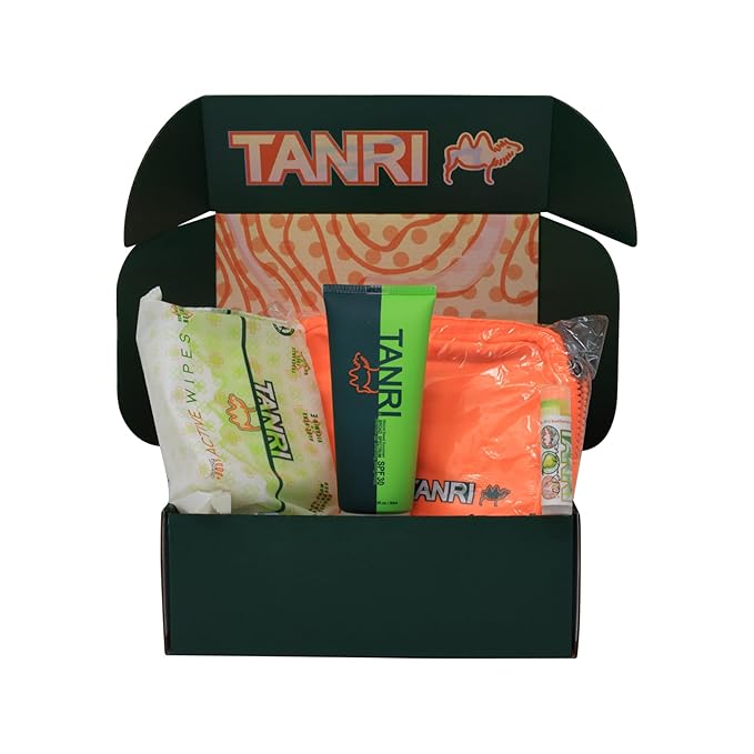 TANRI Primo Explorer Pack; Includes SPF30 Mineral Sunscreen with Zero White Cast, Active Wipes No-Rinse Body Wipes, Moisturizing SPF15 Pear Lip Balm and an Adjustable Fanny Pack (4-Pack Bundle)-GlimoraGlow