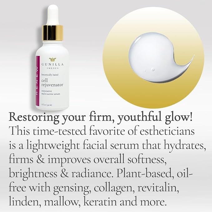 GUNILLA Cell Rejuvenator Serum | Anti-Aging Anti Wrinkle Hydrating Facial Serum for Fine Lines, Dark Spots with Organic Aloe Vera, Collagen, Elastin, Keratin, Vitamin C, Ginseng | 1 oz-GlimoraGlow