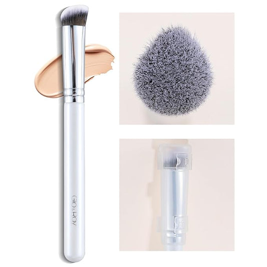 GLO&RAY Concealer Brush Under Eye - Makeup Brush Angled Flat Teardrop, Nose Contour for Powder Pro Concealing Blending for Liquid & Cream Cosmetic, Foundation Brushes Small With Dust Cover (White)-GlimoraGlow
