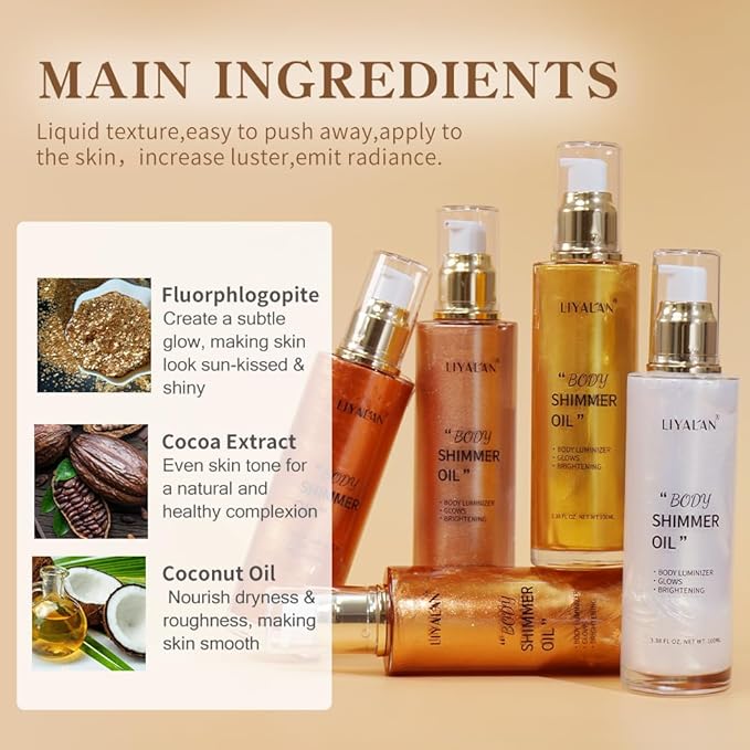 Liyalan Shimmer Body Oil Rose Gold 5 Color Bronze Face Glow Pearl Highlighter Illuminator body Makeup Shine Glitter Gold Liquid Taning 3.38 Fl Oz-GlimoraGlow