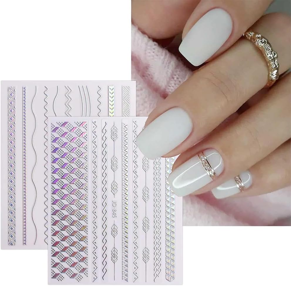 12 Sheets French Line Nail Art Stickers Aurora Star Heart Nail Decals Self-Adhesive Pegatinas Uñas Glitter Holographic Laser Silver Nail Supplies for Women Nail Art Design Decoration-GlimoraGlow