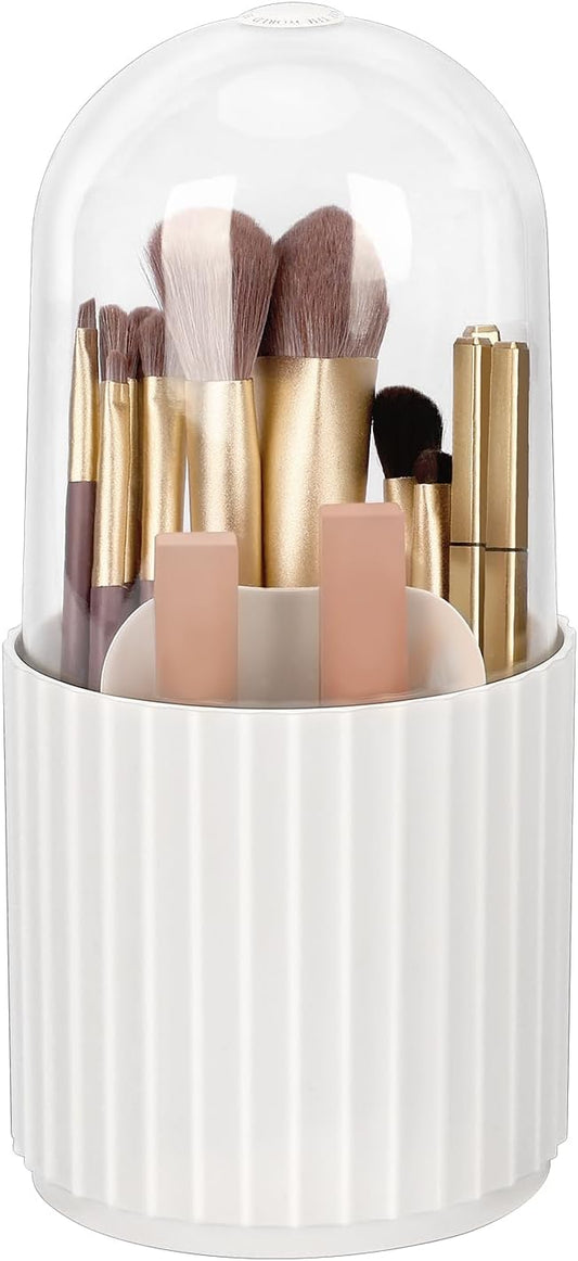 JessLab Makeup Brush Holder Organizer with Lid, 360 Degree Rotatable Makeup Brush Organizer Spinning Cosmetics Holders Brush Storage Box Display for Bathroom Vanity Countertop, White-GlimoraGlow