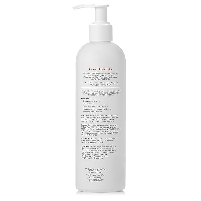 Alpha Skin Care Revitalizing Body Lotion, 12% Glycolic AHA, Simple & Effective Daily Moisturizer with Alpha Hydroxy Acid, Hydrates & Exfoliates for Soft, Smooth Skin, Anti-Aging, 12 Oz-GlimoraGlow