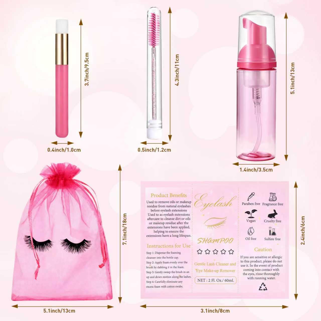 50 Pcs Lash Shampoo Bottle Brushes Set 10 Empty Foam Pump Dispensers 10 Label Stickers 10 Mascara Wands Tubes 10 Cleansing Brush 10 Bag for Eyelash Extensions Aftercare(Rose Red)-GlimoraGlow