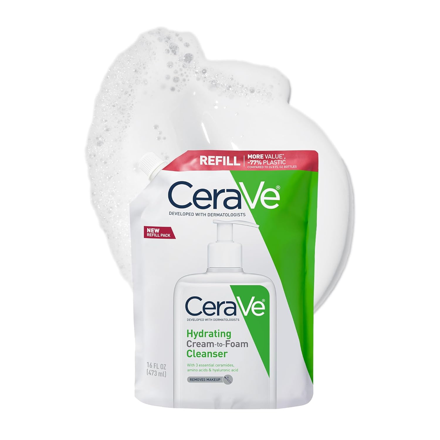 CeraVe Hydrating Cream To Foam Cleanser, Makeup Remover Face Wash For Dry Skin, Foaming Facial Cleanser With Hyaluronic Acid, Normal To Dry Skin, Fragrance Free & Non Comedogenic, 16 Ounce Refill-GlimoraGlow