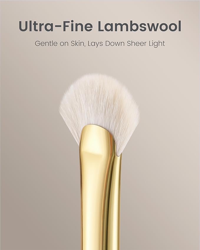 Desert Oak Series Mini Fan Brush - Ultra-Fine Goat Hair for Precision Highlighting, Flat Fan Shape Targets Cheekbones/Nose Bridge, Ebana Bubinga Handle & Brass Ferrule (CM 166)-GlimoraGlow