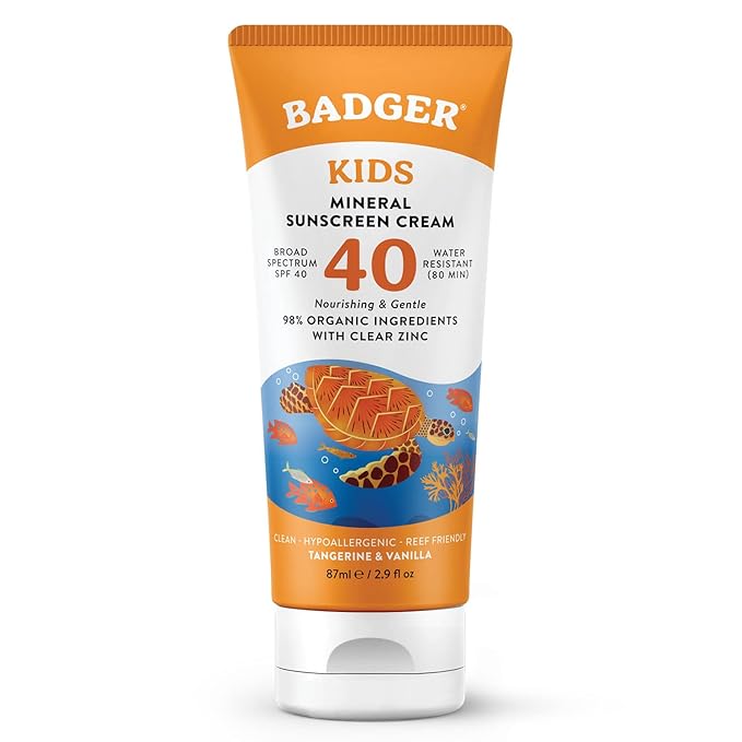 Badger Kids Mineral Sunscreen Cream SPF 40, 98% Organic Ingredients, Zinc Oxide Sunscreen for Kids Face & Body, Water Resistant, Reef Friendly, Hawaii Approved Broad Spectrum Sunblock, 2.9 fl oz-GlimoraGlow