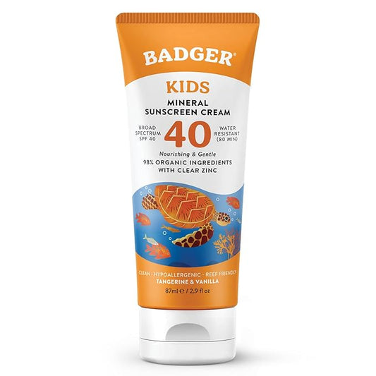 Badger Kids Mineral Sunscreen Cream SPF 40, 98% Organic Ingredients, Zinc Oxide Sunscreen for Kids Face & Body, Water Resistant, Reef Friendly, Hawaii Approved Broad Spectrum Sunblock, 2.9 fl oz-GlimoraGlow