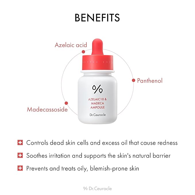 Dr.Ceuracle Azelaic Acid 10 & Madecassoside Ampoule - Redness Relief and Soothing Serum for Sensitive Skin and Blemish-Prone Spot Care, Korean Skincare-GlimoraGlow